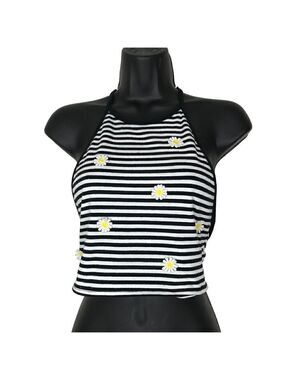ALMOST Famous Black & White Stripped With Daisies Halter Top  Size S